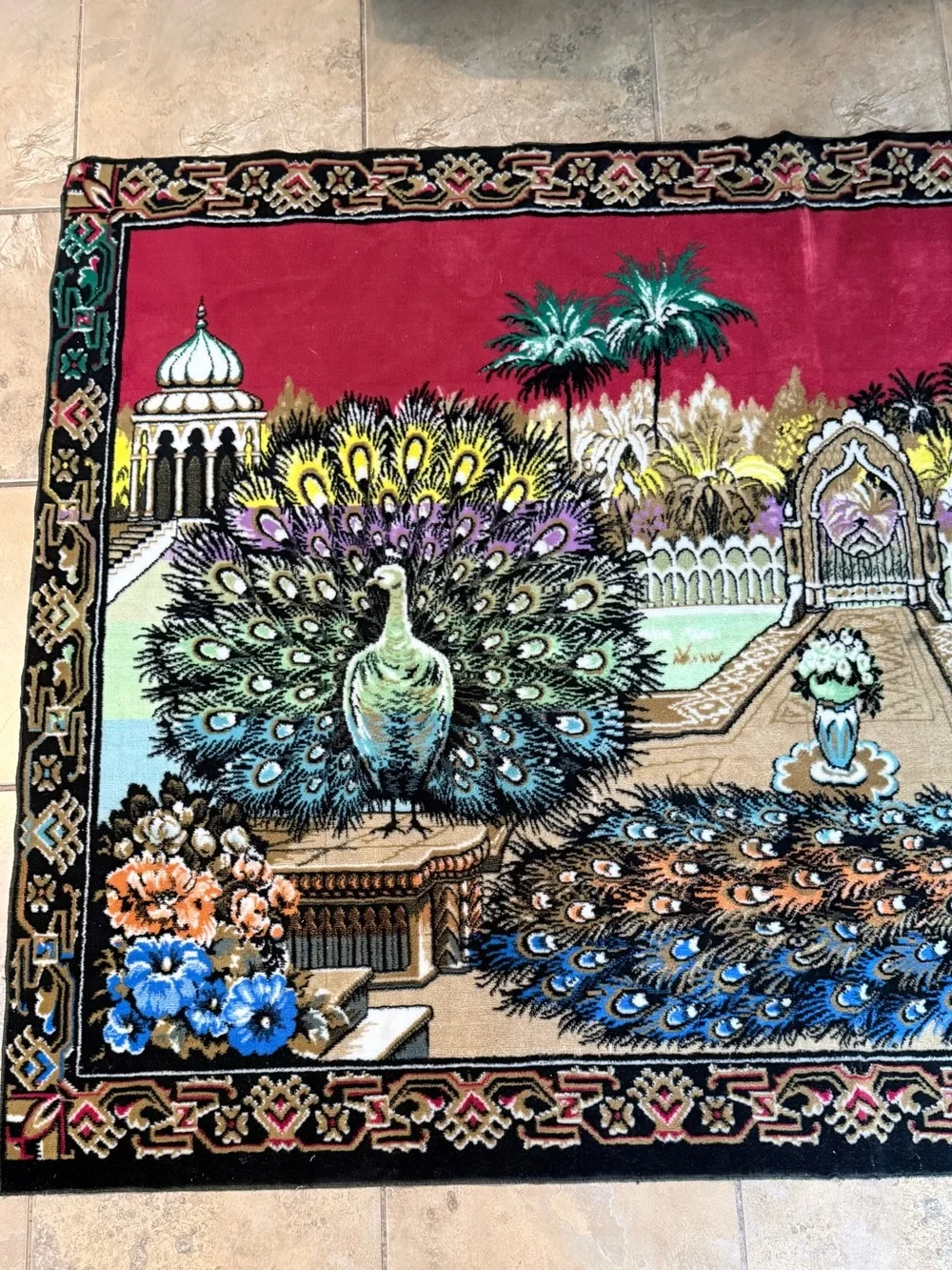 Vintage 1970 Circa Velvet Peacock Wall Tapestry Rug - 64